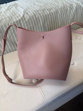 Vegan Leather Peony Pink Samara Bucket Crossbody Bag with Adjustable Strap